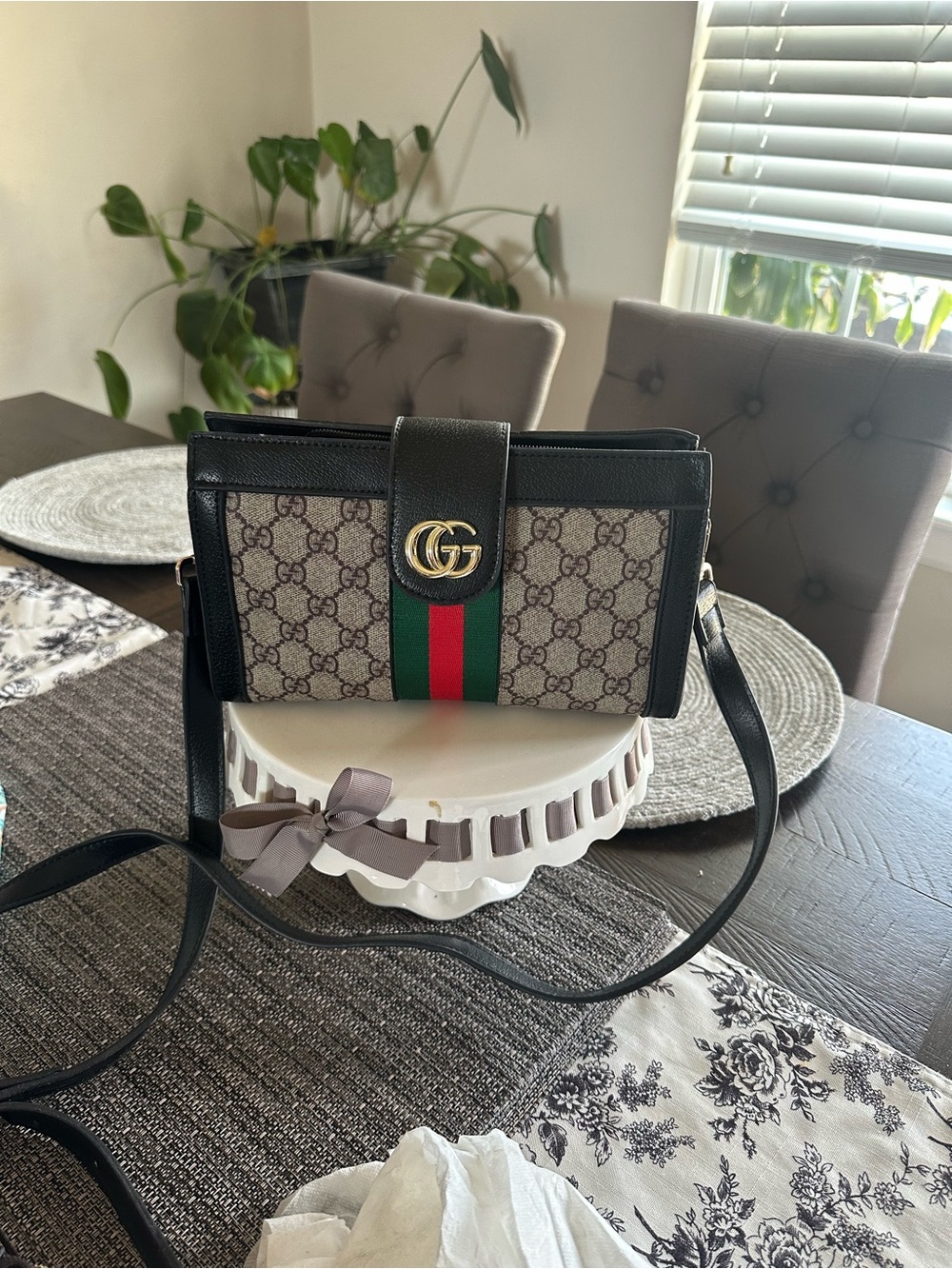 Gucci Beige GG Supreme Canvas Crossbody with Black Trim and Web Stripe